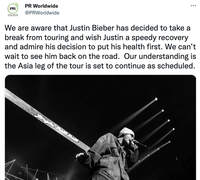 Justin Bieber's Justice World Tour has 'ended' until at least