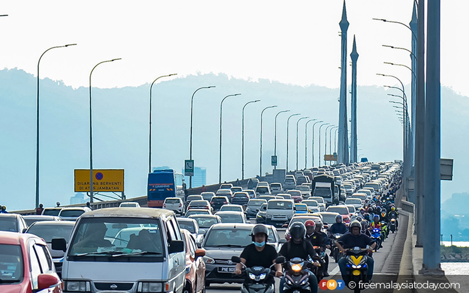 Traffic congestion on Penang Bridge during peak hours