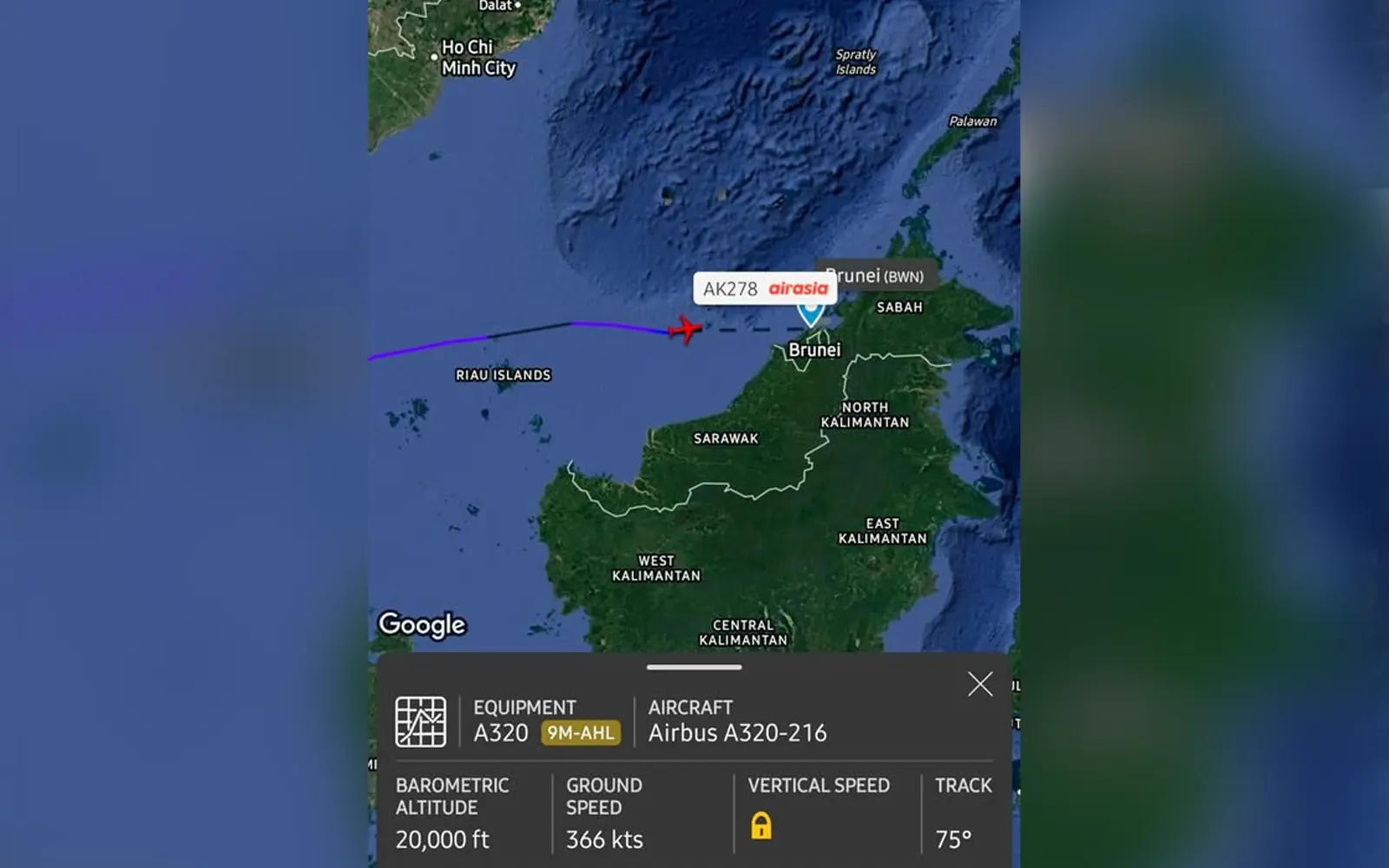 Flight AK278’s tracking data