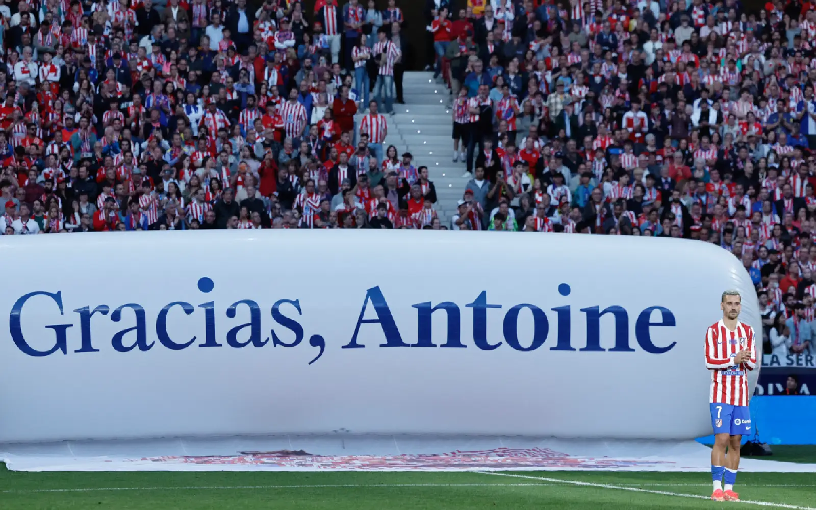 Atletico Madrid's French forward #07 Antoine Griezmann attends a farewell ceremony after the Spanish league football match between Club Atletico de Madrid and Girona FC at the Metroplitano stadium in Madrid on May 17, 2026. French forward Antoine Griezmann received a warm goodbye from the club's supporters today. Atletico's all-time top goalscorer will head to the United States to play for MLS side Orlando City.